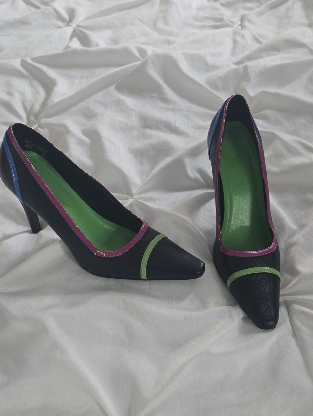 COUP D'ETAT Black Pointed Toe Pumps with Green & Magenta Trim